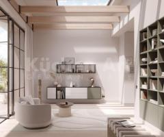 Buffets flottants couleurs Greige et Calacatta pour cuisine ouverte Style Minimaliste Contemporain